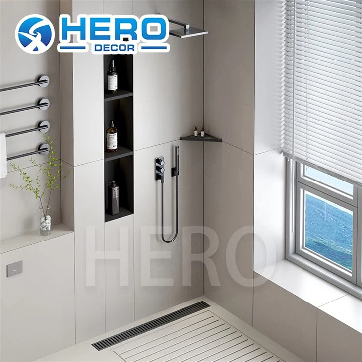 Black bathroom corner shelf for tile